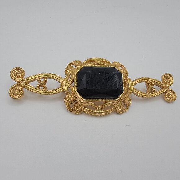 Vintage Gold Tone Art Deco Style Faux Black‎ Onyx Center Bar Style Pin Brooch - Picture 1 of 3